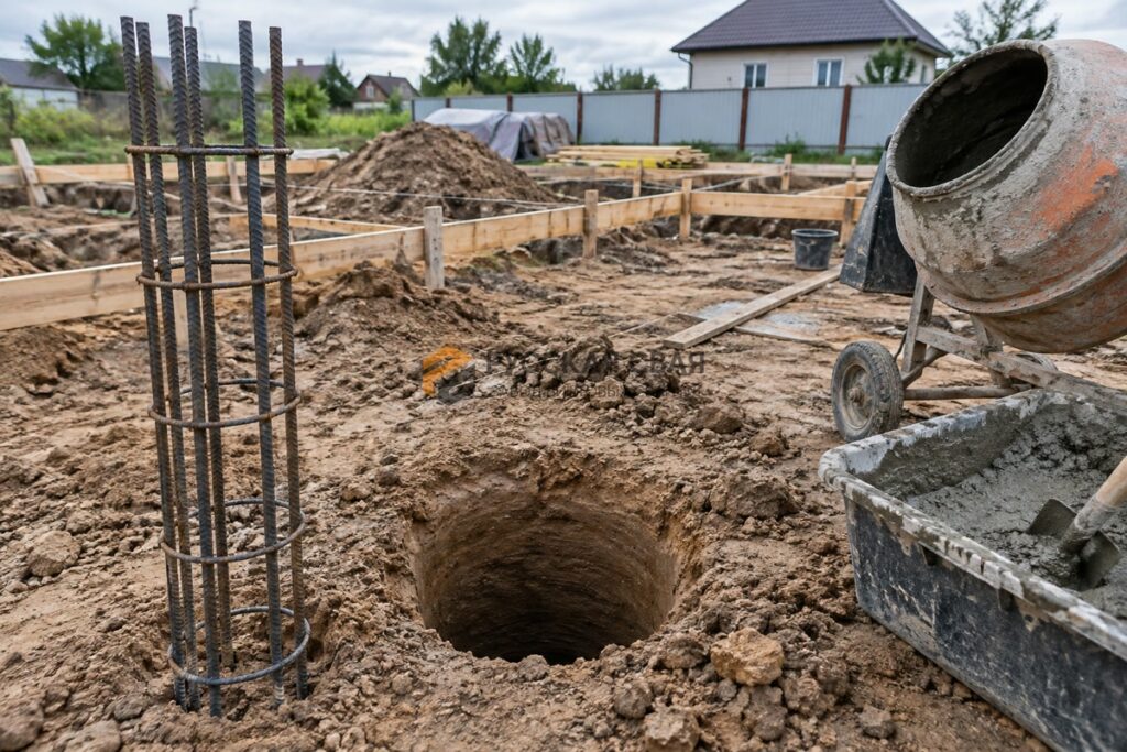 Скважина и арматурный каркас для буронабивной сваи на стройплощадке